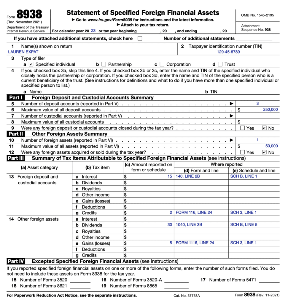Image showcasing IRS Form 8938, Statement of Specified Foreign Financial Assets, required for taxpayers in the U.S. to report their foreign financial assets if the total value exceeds the applicable reporting threshold